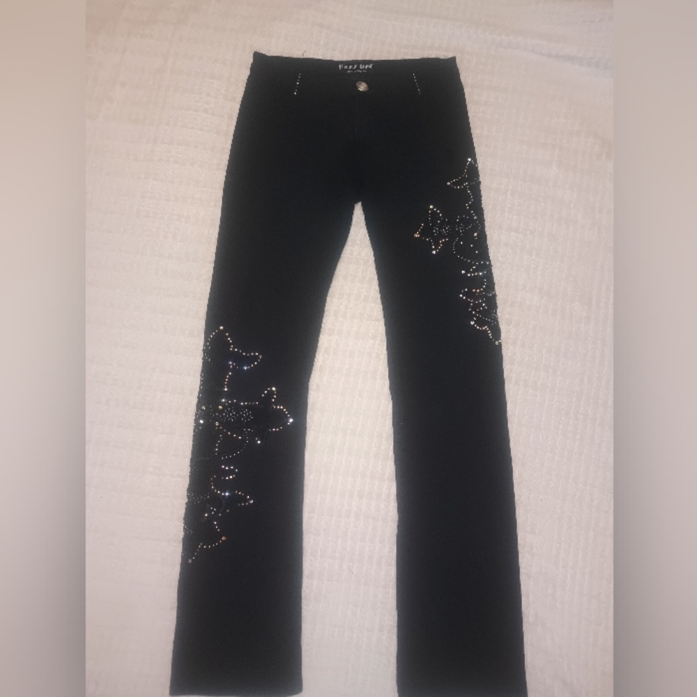 Platinum Plush Blk Med Leggins, Rhinstone Mesh Cutout Bling Biker